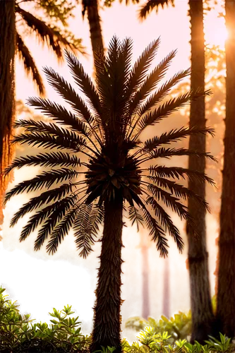 Palmetto tree, South Carolina state symbol, evening silhouette, intricate branches, thick trunk, gentle slope, warm sunset light, soft focus, 3/4 composition, shallow depth of field, vibrant color ton