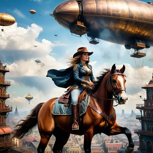 Ein cowgirl das auf einem Pferd gemächlich durch eine Steampunk Metropole reitet und hin und wieder ein einige Pasagier und Frachtzeppeline sowohl an den Landeplätzen am boden als auch die in der luft