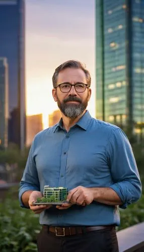 Middle-aged, mature male architect, glasses, short brown hair, beard, blue shirt, black trousers, holding a model of a green building, standing in front of a modern sustainable skyscraper, cityscape, 