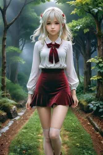 an anime girl with very high waist standing by some trees,maka,forest path,touhou,kokoro,jiarui,puella,Illustration,Realistic Fantasy,Realistic Fantasy 27