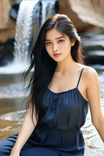 very high resolution 8K picture, a realistic photography picture. A very beautiful 20 years old woman, long messy black hair, detailed sitting beside a water fall.,an asian woman sitting in front of a