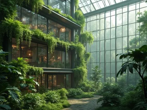 Modern architectural building, green facade, glass windows, steel frames, lush greenery, vertical garden, calming ambiance, natural light, urban jungle, cityscape, futuristic design, sleek lines, mini