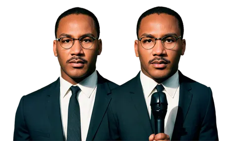 Martin Luther King Jr., African American male, 30s, serious expression, glasses, short hair, suit, tie, microphone in hand, standing, inspirational pose, warm lighting, shallow depth of field, cinemat