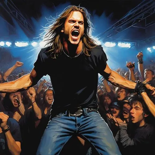 "Generate a dynamic image of a young man with long brown hair and piercing blue eyes, clad in a heavy metal-style black t-shirt and ragged jeans. Place him in the midst of a Metallica concert crowd, r