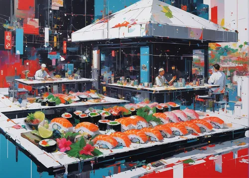 yatai,sushi art,sushi japan,fish market,seafood counter,fishmonger,sushi set,sushi boat,japanese cuisine,new york restaurant,japanese restaurant,izakaya,sushi,hong kong cuisine,food court,korean cuisine,deli,asian cuisine,tokyo,sushi plate,Conceptual Art,Oil color,Oil Color 07