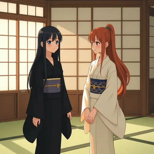 Two animated characters in a traditional Japanese room with tatami mats. One wears a black kimono, the other a partially open white kimono.,two women in traditional dress and black hair,hakama,ryokans