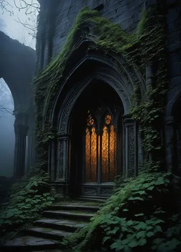 haunted cathedral,forest chapel,sunken church,witch's house,hall of the fallen,gothic church,mausoleum ruins,rivendell,witch house,ghost castle,abandoned place,crypts,ruins,creepy doorway,ravenloft,ruin,gothic style,sanctuary,gothic,doorways,Illustration,Black and White,Black and White 08