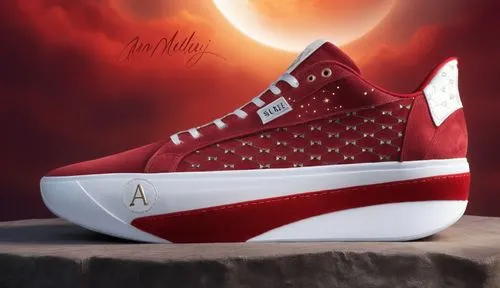 Suede upper, mesh inlay, logo "A" on sole, deep red with white color scheme ,Custom court shoe red,kix,lebron james shoes,ftl,mission to mars,htms,lillard,Illustration,Realistic Fantasy,Realistic Fant