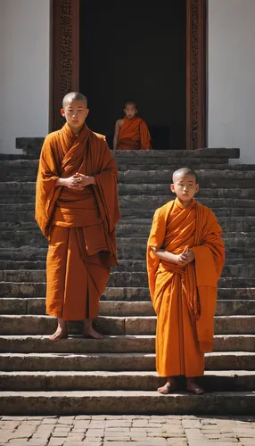 orange-robed young monks standing on temple steps,buddhists monks,monks,theravada buddhism,buddhist monk,buddhists,buddhist,orange robes,chiang mai,somtum,vipassana,indian monk,monk,bhutan,meditation,