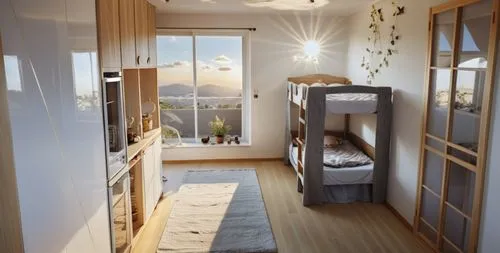 Two small childrens bedroom. Sunset light. AIry feeling. Realistic photo.,this is a small room with bunk beds beige colors,japanese-style room,modern room,bedroom,sleeping room,children's bedroom,bedr