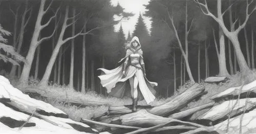 sketch, woman, forestry background, black and white,a drawing of a woman in a forest,mirkwood,dryad,ballerina in the woods,thranduil,dryads,elven forest,finrod,elven,runemaster,wood elf,elfland,fangor