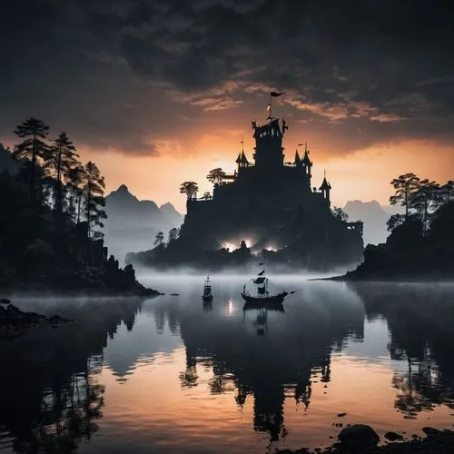 a white and a black drake flying over a mountain lake and a huge, giant one castle on a large misty mistrious lake in to the sekoya forest. There is a pirate ship ruin in the lake. Very calm place.  R