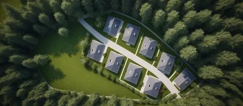 house in the forest,forest house,solar cell base,3d rendering,inverted cottage,grass roof,mirror house,gregynog,solar farm,treehouses,house in mountains,aerial landscape,cubic house,solar field,golf hotel,solar power plant,solar panels,house in the mountains,greentech,roof landscape,Photography,General,Natural