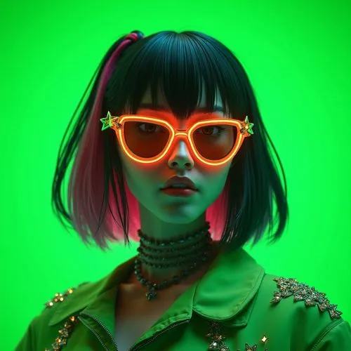 A 3D render in Unreal Engine 5 of a futuristic, dystopian cyberpunk-style design featuring a Japanese maiko wearing large star-shaped sunglasses. Her hair is a bob style with alternating pink and blac