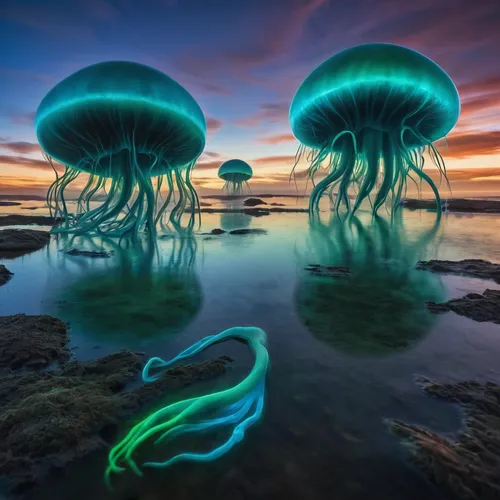 sea jellies,mushroom landscape,jellyfishes,bioluminescence,jellyfish,cnidaria,mushroom island,alien world,blue mushroom,jellies,lion's mane jellyfish,alien planet,underwater landscape,emerald sea,sea creatures,alien invasion,canary islands,landscape photography,long exposure,mushrooms,Photography,Artistic Photography,Artistic Photography 04