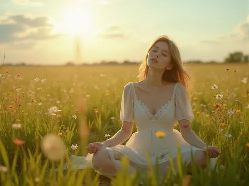 meadow,dandelion field,girl in flowers,breathwork,meadow flowers,summer meadow,meadow daisy,dandelion meadow,chamomile in wheat field,meadow play,field of flowers,blooming field,beautiful girl with flowers,padmasana,springtime background,spring background,meditator,flower field,idyll,spring sun,Photography,General,Realistic