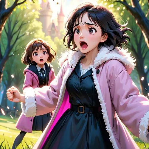 kumiko,happy children playing in the forest,little girls walking,ghibli,girl and boy outdoor,arrietty,Anime,Anime,Cartoon