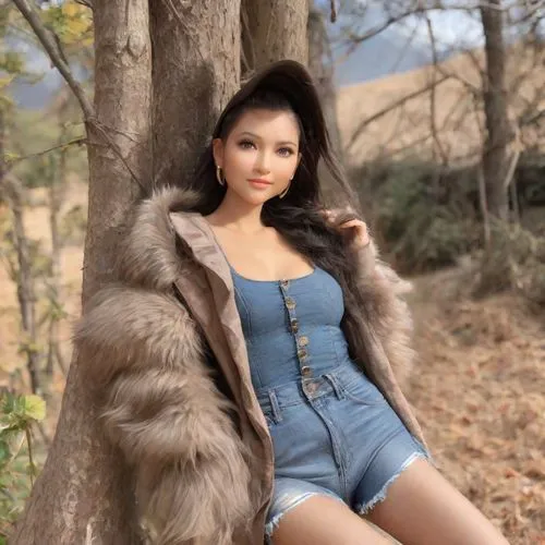 a young woman sitting in a tree trunk,mongolian girl,fur coat,fur,chipko,hyori,countrygirl