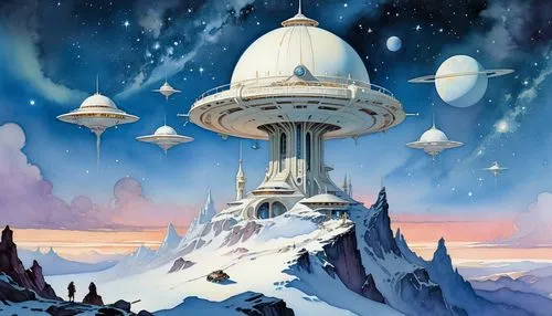 ice planet,futuristic landscape,homeworlds,skyterra,homeworld,hyperborea,stratofortresses,deltha,bonestell,sky space concept,citadels,moonbase,sedensky,alien planet,centauri,starbase,uncredited,odomes,space port,alien world,Conceptual Art,Sci-Fi,Sci-Fi 19