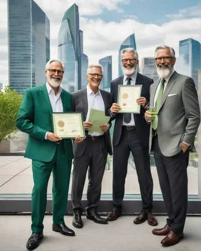 Masters, middle-aged men, standing, hands behind back, glasses, gray hair, beard, white shirts, dark green suits, black trousers, leather shoes, holding certificates, smiling, confident, proud, green 