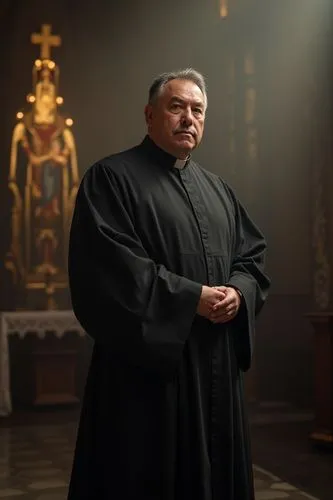 portrait ((manly catholic priest standing on the presbytery)) in long black cassock in a church, detailed photography, smoky atmosphere, cinematic tones, 4k, volumetric light, shot with a Zeiss Otus 5