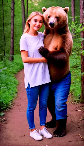 Masha, girl, real-life photography, forest setting, standing, holding hands with a big brown bear, casual clothes, jeans, white T-shirt, sneakers, messy blonde hair, gentle smile, natural makeup, warm