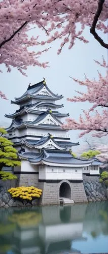 Himeji Castle, Lego Architecture 21060, medieval Japanese castle, majestic, intricate stone walls, curved roofs, golden accents, cherry blossom trees surrounding, vibrant pink flowers blooming, serene