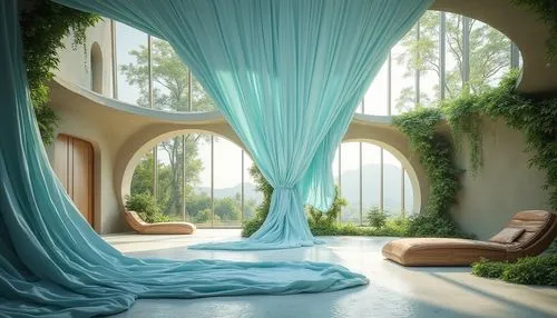 Baby blue fabric draped, organic architecture, futuristic building, curved lines, soft natural light, lush greenery, vines crawling up walls, modern minimalist interior, sleek wooden furniture, floor-