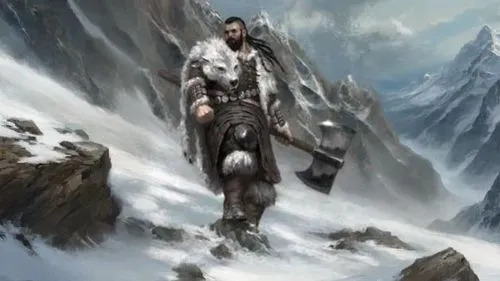 a character with a long beard in a mountain landscape holding a axe,northmen,icewind,beorn,gotrek,heorot,thorin