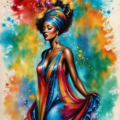 elegant head flowing gown, multiple vivid alcohol ink splashes and streams,african woman,colourful pencils,african american woman,boho art,world digital painting,african culture,colorful tree of life,