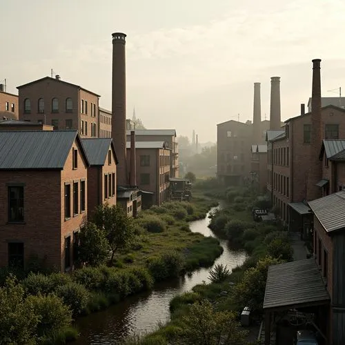 Industrial factory complex, rustic brick buildings, corrugated metal roofs, worn concrete walls, vintage machinery, abandoned chimneys, overgrown vegetation, wildflowers, meandering streams, misty atm