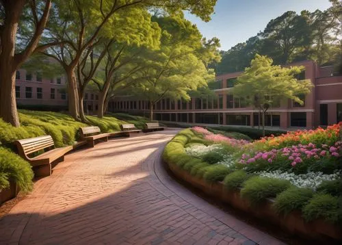 Lush university campus, University of Georgia, Landscape Architecture building, modern architecture style, green roof, large glass windows, wooden benches, vibrant flowers, blooming trees, walkways ma