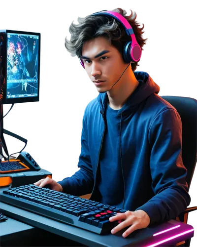 Male gamer, young adult, messy hair, headset, gaming keyboard, mouse, high scores, achievement badges, dark room, neon lights, futuristic atmosphere, 3/4 composition, shallow depth of field, vibrant c