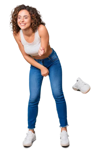 Funny woman, booty pop, humorous facial expression, bright smile, curly brown hair, minimal makeup, casual clothing, ripped jeans, crop top, sneakers, playful pose, bending over, hands on knees, comed