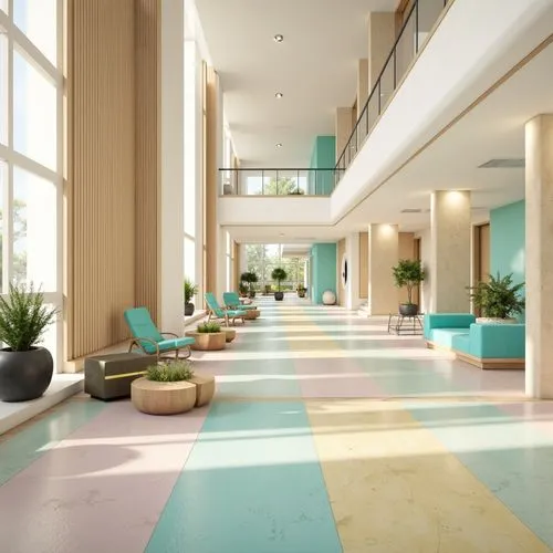 school design,3d rendering,lobby,hotel hall,hotel riviera,hotel lobby,hallway space,atriums,dormitory,interior modern design,render,leisure facility,hallway,3d render,terrazzo,modern decor,renderings,corridors,mid century modern,corridor