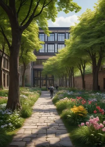 Beautiful university campus, lush greenery, modern buildings with large glass windows, students walking with backpacks, laptops, and drawing boards, surrounded by blooming flowers, tall trees providin