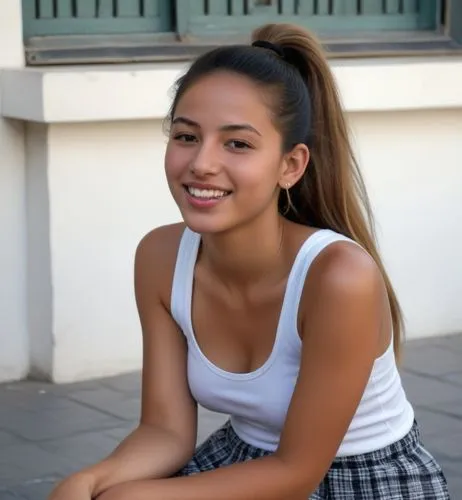 The Moroccan girl is sitting on a bench in the street in Tel Aviv.  Her hair is pulled into a high, tight ponytail.  She wears a short skirt and a white tank top.  At her feet, sneakers.  she is smili