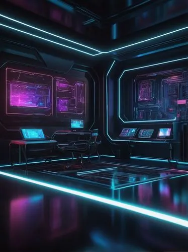 spaceship interior,ufo interior,cyberia,cyberscene,80's design,spaceland,nightclub,synth,3d render,computer room,neon coffee,scifi,synthetic,silico,cyberview,retro diner,tron,neon arrows,polybius,polara,Illustration,Black and White,Black and White 06