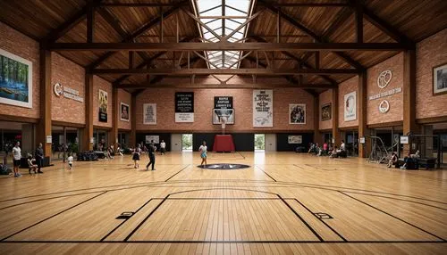 Rustic gymnasium interior, regionalism style, wooden flooring, exposed brick walls, vaulted ceilings, steel beams, natural stone accents, earthy color palette, athletic equipment, basketball hoops, ru