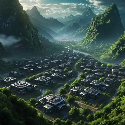 terraformed,yashima,ancient city,mountain village,ecotopia,narayama,shaoshan,mountain settlement,haicang,hezhou,yangshao,guizhou,tianlong,baoding,yavin,townships,futuristic landscape,terraforming,terraced,mountainous landscape,Conceptual Art,Sci-Fi,Sci-Fi 09