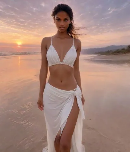 As the sun begins to set, a woman with long, tanned skin gazes serenely at the viewer with glimmering hues of pure beauty. Her long shoulder extends at the viewer with radiant flames, radiating warmth