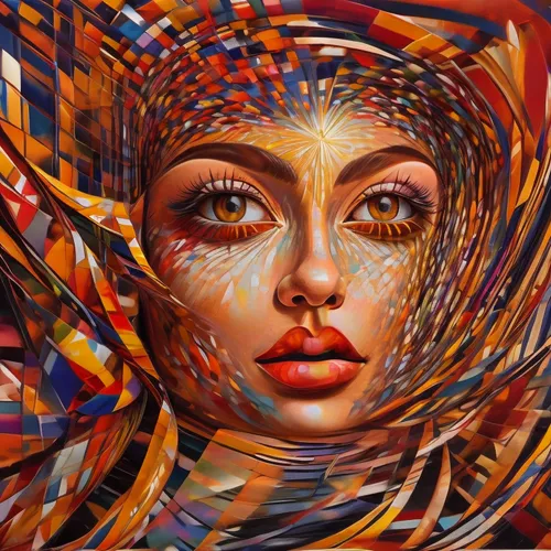 a painting of a girl's face covered in colors,seni,boho art,digital art,dmt,overlaid,digiart