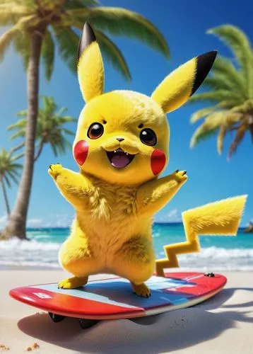 Pikachu, surfing, standing on surfboard, beach, sunny day, clear blue sky, palm trees, white sand, waves crashing, ocean spray, sea foam, tropical atmosphere, relaxed posture, happy expression, yellow