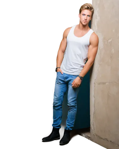 Sexy boy, muscular body, blonde hair, blue eyes, smoky eye makeup, slight facial stubble, white tank top, low-rise jeans, black boots, hands in pockets, leaning against wall, 3/4 composition, soft foc