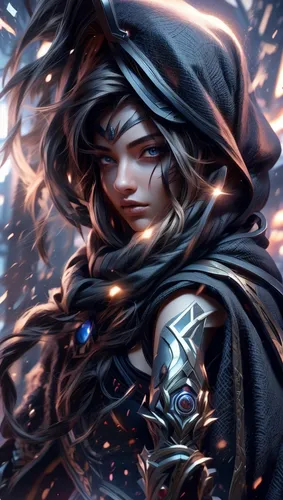 sorceress,fantasy portrait,mage,the enchantress,cg artwork,cloak,fantasy art,artemisia,medusa,mystical portrait of a girl,summoner,elza,portrait background,dodge warlock,raven rook,assassin,echo,fire background,female warrior,widow