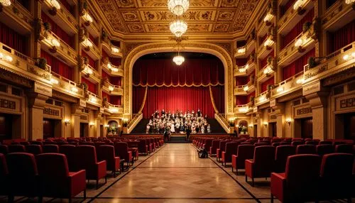 Grand opera house, ornate Baroque architecture, rich velvet drapes, golden chandeliers, grand staircase, lavish furnishings, marble floors, intricate moldings, vibrant red curtains, dramatic spotlight