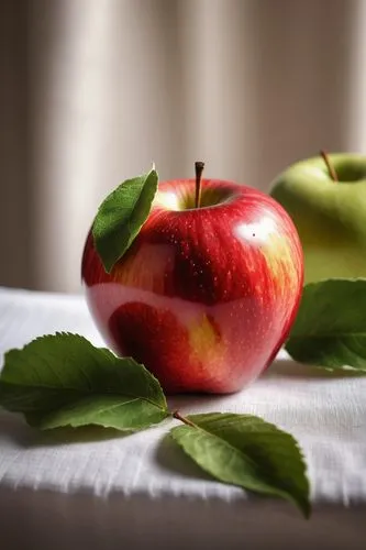 Fruitiger Aero Apple, shiny red skin, detailed texture, juicy pulp, green leafy stem, hovering above a modern white tablecloth, natural indirect lighting, still life composition, warm color tone, high