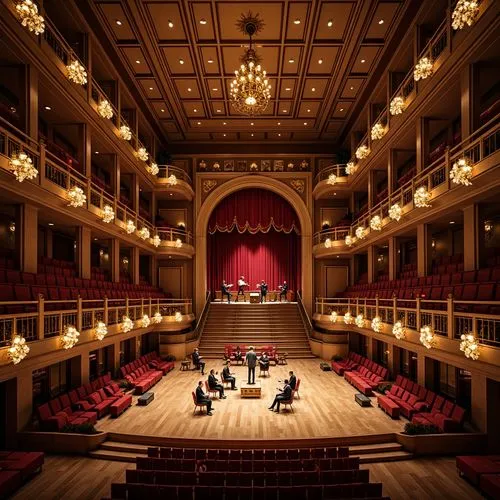 Elegant concert hall, rich wood tones, polished wooden floors, ornate balconies, velvet curtains, golden accents, luxurious seating, intricate stonework, grand staircases, sweeping archways, opulent c