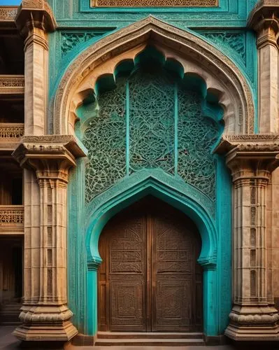 Historic Ahmedabad, traditional Indian architecture, intricately carved stone walls, ornate balconies, grand domes, vibrant turquoise accents, intricate Islamic geometric patterns, lush greenery surro