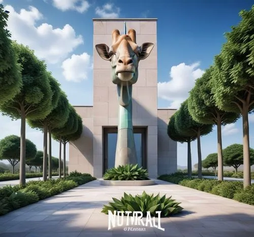 a giraffe sculpture stands in front of a building with tall trees,kukulkan,usf,torosaurus,barosaurus,monumentos,usj